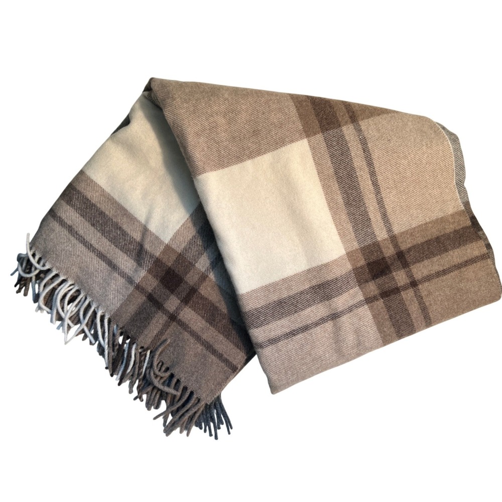 Tessilechiti Brown Cream Plaid Wool/Cashmere Fringed Throw Car Blanket 51" x 67"